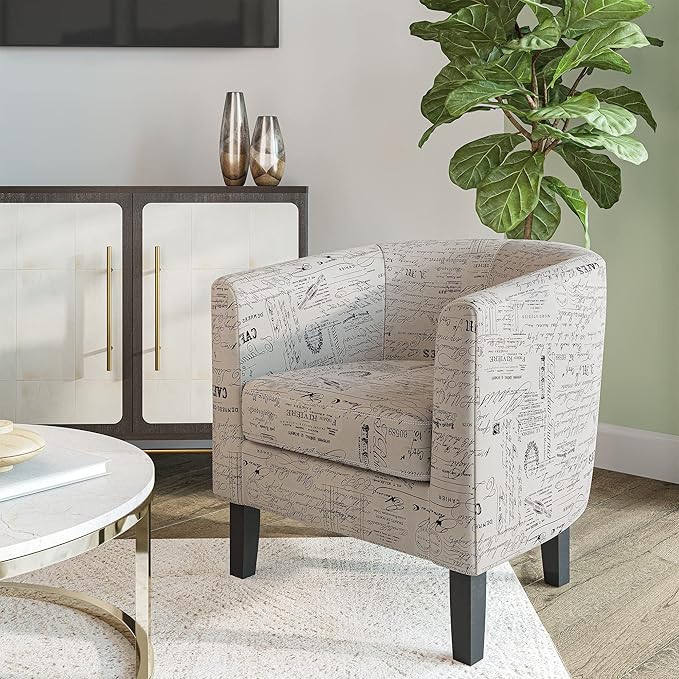 BELLEZE Accent Barrel Chair Set of 2, Linen Round Chair Club Tub Sofa Corner Chair with Flared Legs and Cozy Soft Padding for Living Room Bedroom Waiting Room - Black & Beige
