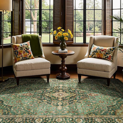 6x9 Vintage Rugs for Dining Room, Washable Rugs Non Slip Large Area Rug for Living Room Bedroom Office, Floor Decoration Big Rug Mat Low-Pile Kid & Pet Friendly(Border Green)