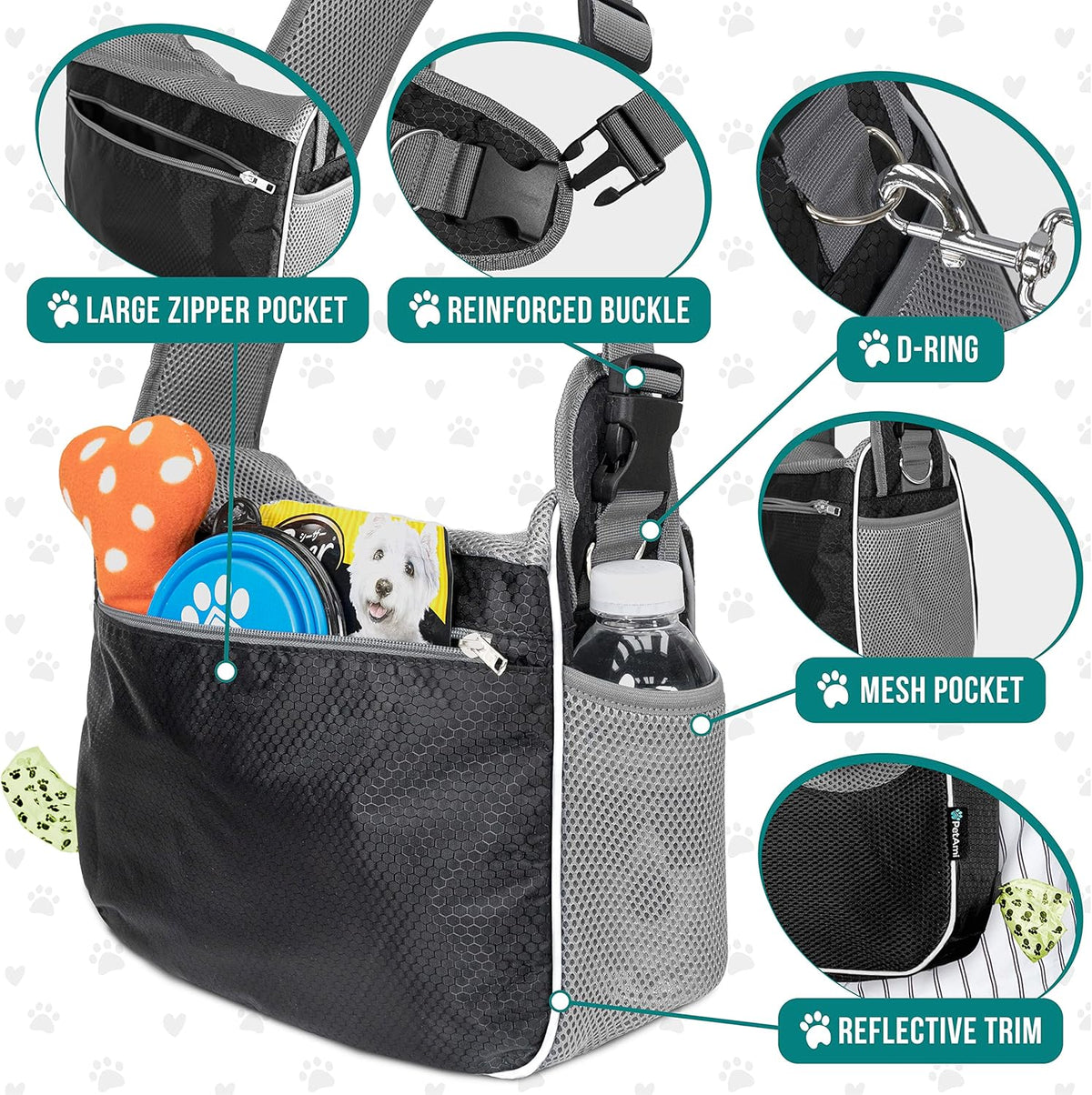 PetAmi Small Dog Sling Carrier, Soft-Sided Crossbody Puppy Carrying Purse Bag, Adjustable Sling Pet Pouch to Wear Medium Dog Cat Travel, Dog Bag for Traveling, Poop Bag Dispenser, Max 10 lbs, Black