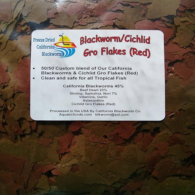 Aquatic Foods Inc. Flakes - 45% California Blackworm & Cichlid Red GRO Color Flake Mix for Discus, Cichlids, Tetras, Guppies, Live Bearers, All Community Tropical Fish - Premium AF Flakes - 1/8-lbs