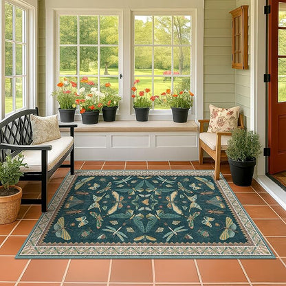Dark Teal 4x6 Area Rugs for Door Mat Entrance - Vintage Floor Rug for Entryway, Mudroom Kitchen, Floral Forest Insect Print, Washable Low Pile Non-Slip Stain Resistant
