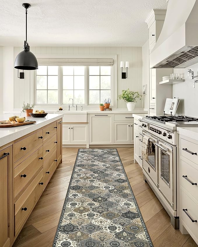 Lahome Moroccan Washable Runner Rug Non Slip, 2x10 Runner Rugs for Hallway 2x10 Vintage Ultra-Thin Throw Long Carpet for Kitchen Entryway Bedroom Laundry Room, Grey