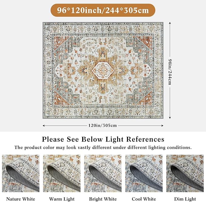 Moynesa Ultra-Thin Washable Area Rug 8x10, Large Living Room Rugs for Bedroom Under Dining Room Table, Vintage Oriental Medallion Printed Low Pile Carpet for Home Office Decor, Beige/Gold
