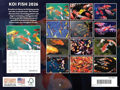 Koi Fish Calendar 2026 Wall 2026 Monthly Wall Calender 12 Month | American Made In The USA