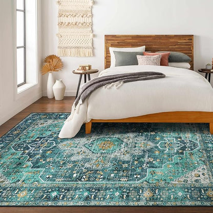 Moynesa Ultra-Thin Washable 10x14 Area Rugs for Living Room, Teal Large Living Room Rug Non Slip, Vintage Oriental Indoor Floor Carpet for Dining Room Table Dorm Home Office Decor