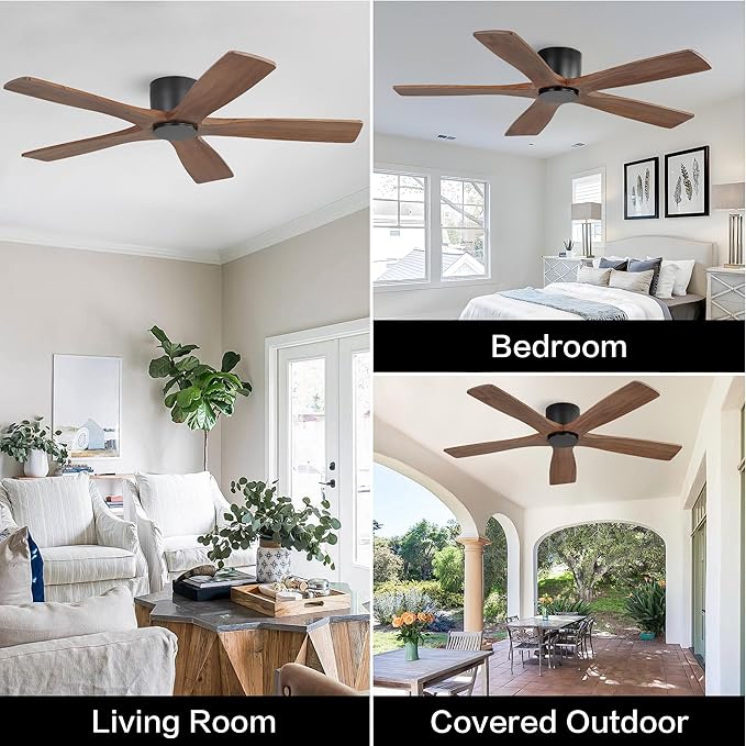 WINGBO 48" Flush Mount DC Ceiling Fans without Lights, 5 Carved Solid Wood