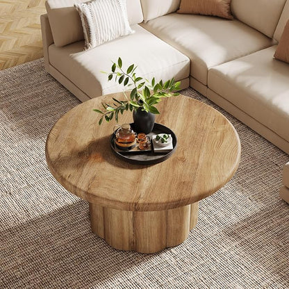 Tribesigns 31.5" Round Coffee Table for Living Room, Farmhouse Circle Center Cocktail Table with Fluted Drum Base, Wooden Living Room Furniture for Apartment, Small Space, Brown