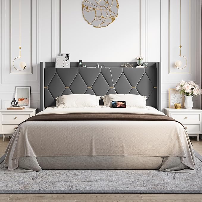Allewie Velvet King Size Upholstered Bed Frame with Wingback Storage Headboard & Charging Station, Platform Bed with Diamond Tufted Design & Gold Trim, No Box Spring Needed, Easy Assembly, Grey