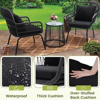 wildformers 3 Pieces Rattan Wicker Bistro Set, Outdoor Conversation Set, Wicker Furniture Set with Glass Top Table, Space Saving for Balcony, Backyard, Black