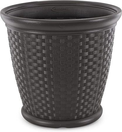 Suncast 2 Pack Sonora 22 Inch Plastic Wicker Indoor or Outdoor Decorative Garden Flower Planter for Entryways, Porch, and Backyard Patios, Dark Brown