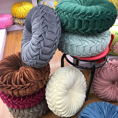 Teieas Round Throw Pillow Velvet Home Decoration Pleated Round Pillow Cushion for Couch Chair Bed Car Beige