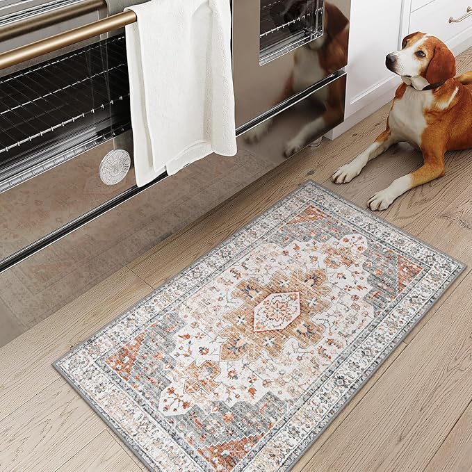 Moynesa Ultra-Thin Washable Entryway Rug 2x3 Rug, Small Kitchen Rugs for Entryway Indoor Non Slip, Vintage Throw Mat for Front Door Entrance Bathroom Laundry Room, Beige/Gold