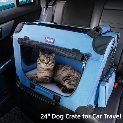 Petprsco Portable Collapsible Dog Crate, 24" Soft Dog Crate for Car Travel | Includes Mat, Blanket & Bowl, Strong Fabric, 4-sided Mesh Vents, 3 Doors, Fit Small Dogs & Large Cats Indoor and Outdoor Use