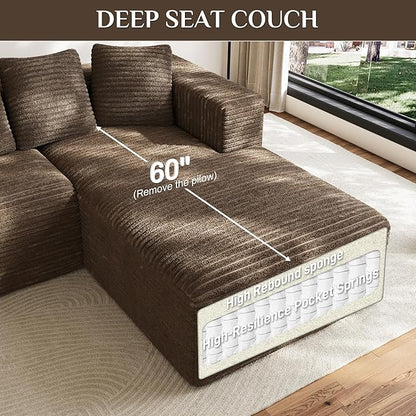 Modular Sectional Sofa, 107" L Shaped Cloud Couch Plush Corduroy Deep Seat Boneless Sofas with 5 Pillows Long Chaise Lounge Couches Memory Foam for Living Room - Brown, Right Facing Chaise