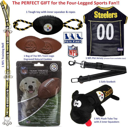 NFL Pittsburgh Steelers PET GIFT BOX with 2 Licensed DOG TOYS, 1 Logo-engraved NATURAL DOG TREAT, 1 NFL JERSEY, 1 NFL Puppy Training Bells & 1 Car Seatbelt