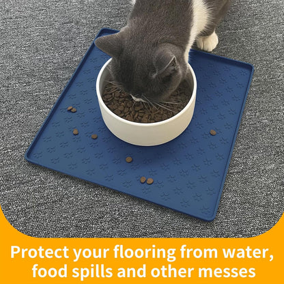 Ptlom Pet Placemat for Dog and Cat, Waterproof Non-Slip Silicone Feeding Bowl Mat Prevent Food and Water Overflow, Puppy Dish Feeder Fountain Trays Suitable for Medium and Small Pets, Navy Blue