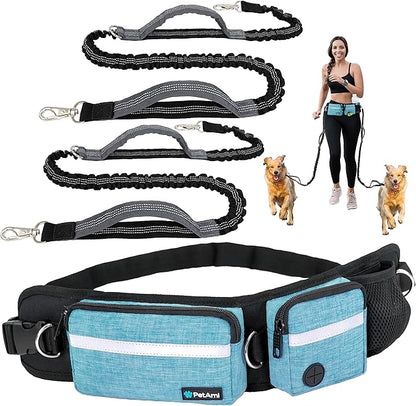 PetAmi Hands Free Dog Leash, Dog Running Leash Belt Bag for Walking, Jogging, Dog Waist Double Zipper Pouch with Poop Bag Dispenser, Dual Padded Handles Reflective Bungee Leash, Double (Turquoise)