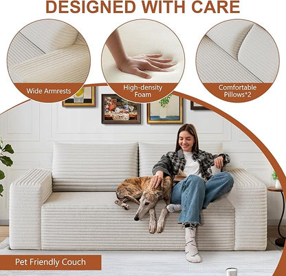 71" Corduroy Loveseat Sofa, 3-Seater Cloud Couch, Boneless Couch in a Box, Comfy Deep Seat Sofa with Memory Foam, Pillows and Wide Armrests, Modern Small Couches for Small Spaces, No Assembly (White)