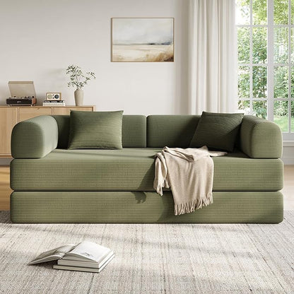 79 Inch 5-in-1 Convertible Sofa Bed, Corduroy Boneless Floor Couch with Fixed Frame & Pillow, Modular Folding Mattress Lounger for Small Space, Living Room, Bedroom - Easy Assembly(LIGHT GREEN)