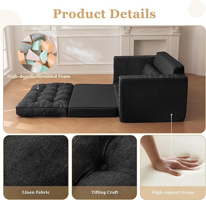 YOSHOOT Loveseat Sleeper Sofa,55" Convertible Sofa Bed Couch Futon Couches for Living Room,3-in-1 Pull Out Floor Couch with Backrest and Pillows, Black