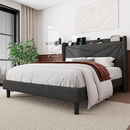 Feonase Full Size Bed Frame with Charging Station, Upholstered Linen Bedframe with Wingback Headboard, Solid Wood Slats Support, Noise Free, No Box Spring Needed, Charcoal Grey