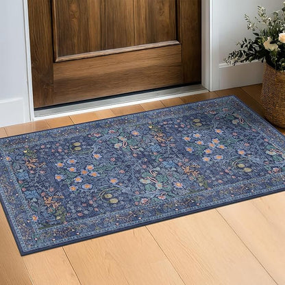 Dark Blue Washable 2x4 Entry Rug - Front Door Rugs Indoor, Vintage Floral Style Small Rug for Kitchen, Bathroom, Non-Slip Boho Navy Entryway Décor