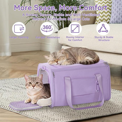 PETSFIT Large Cat Carrier with Patented Safety Buckles,Big Cats Up to 20 lb | Secure Carrier for Safe Driving, Lockable Zippers, Safety Tether, Travel Pet Carrier for Trips & Vet Visits, 19 x 12 x 12
