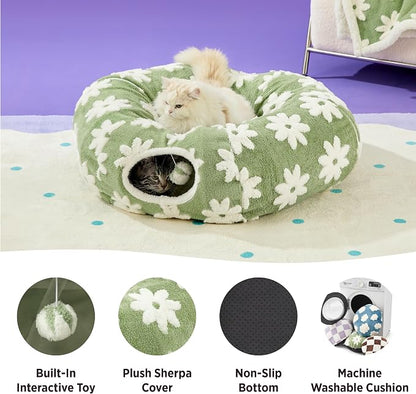 Lesure Donut Cute Jacquard Cat Tunnel Bed Kitten Toys for Puppy Bunny | 33.5x33.5x10in,Round Cat Bed Tube for Indoor Cats Rabbit Dog,Pet Peekaboo Cave Toy,Spiral Hideaway,Washable Cushion,Green