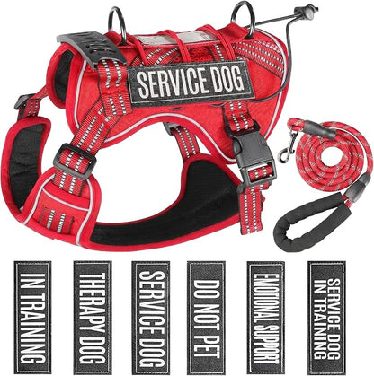 Service Dog Tactical Vest Harness and Leash Set Large Sized Dog Emotional Support- Tactical Dog Harness Training Collar with Name (Red, L)