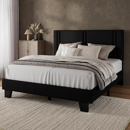 iPormis Full Platform Bed Frame with Fabric Upholstered Headboard & Thickened Legs, Mattress Foundation with Solid Wooden Slats Support, No Box Spring Needed, Noise Free, Black