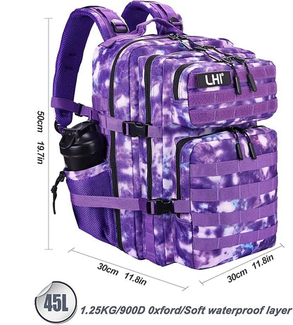 LHI Military Tactical Backpack for Men and Women 45L Army 3 Days Assault Pack Bag Large Rucksack with Molle System - Purple Camo