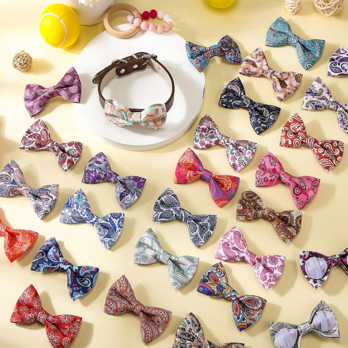 Reginary 50 Pieces Dog Bow Ties Pet Collar Bow Puppy Collar Attachment with Rubber Bands for Small Medium Cat Pet Grooming Charms Accessories Wedding Birthday Occasion (Paisley Style)