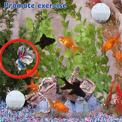 Betta Fish Exercise Ring and Filter Balls Set, Betta Ring and Turtle Water Cleaner Ball, Fish Feeder Rings with Nitrifying Balls, Betta Fishes Tank Toys, Aquatic Turtle Enrichment Toys (Red, M-70mm)