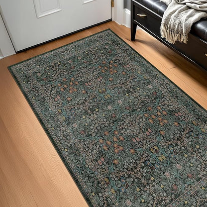 Washable 4x8 Wide Hallway Runner Rug, Vintage 8ft Soft Runners for Entry Kitchen, Non Slip Low Pile Thin Carpet for Living Room Bedroom Dining Room Foyer - Dark Green Floral Forest Décor