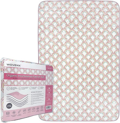 Organic Incontinence Pads for Kids & Toddlers - 5 Layer Waterproof Protectors for Overnight Bed Wetting - Reusable & Washable Pee Pads - Fits Twin to Full Size Beds - 34" x 52" Rainbow