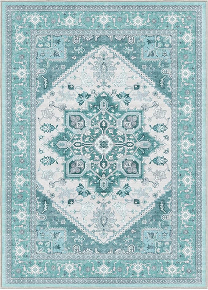 OPPODREAM Thin Area Rugs 4x6, Low-Pile Washable Rugs 4x6 with Non Slip Backing, Faux Cashmere 4 x 6 Throw Carpet, Teal & Turquoise & Cream
