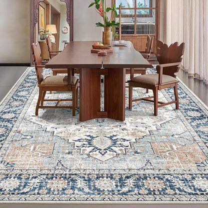9x12 Area Rugs, Machine Washable Area Rugs for Living Room, Non Slip Backing Rugs for Bedroom, Vintage Printed Home Decor Large Area Rug (Grey Blue 9x12)