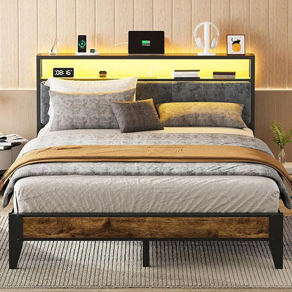 OLEVS Queen Bed Frame Metal Platform Bed Queen Size with 2-Tier Storage & LED Light Headboard, Charging Station Type C, No Box Spring Needed