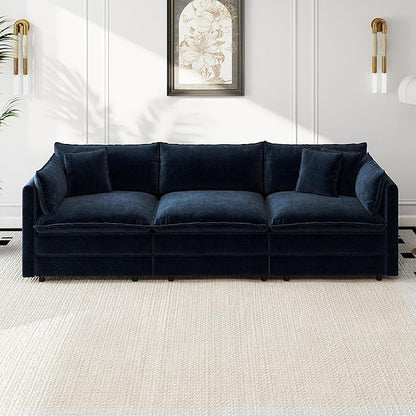 Aoowow Modular Sectional Sofa,112.2 Inch Deep 3-Seater Sofas Comfy Chenille Cloud Sofas and Couches with Pillows for Living Room Apartment（Blue）