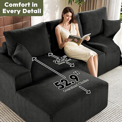 WESTSETLUX 108” Cloud Sectional Sofa Couch with High-Seat, Corduroy Modular Sofa with Oversized Chaise, High-Back Modern L-Shaped Couches for Living Room, No Assembly Required (Black)