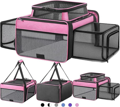 Top and 2 Sides Expandable Cat Carrier 18x13.5x9.5, TSA Airline Approved Dog Carriers for Small Dogs, Soft-Sided Pet Carrier with Self-Locking Zippers for Kitten,Rabbit, Puppy, Guinea Pig Pink