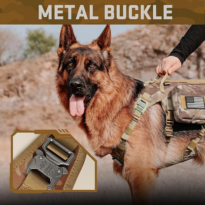 Forestpaw Tactical Dog Harness Tactical Dog Collar with Bungee Leash Set,No Pull Military Dog Harness for Walking Training,Adjustable for Medium Dogs,Camouflage Brown,Chest 22-35"