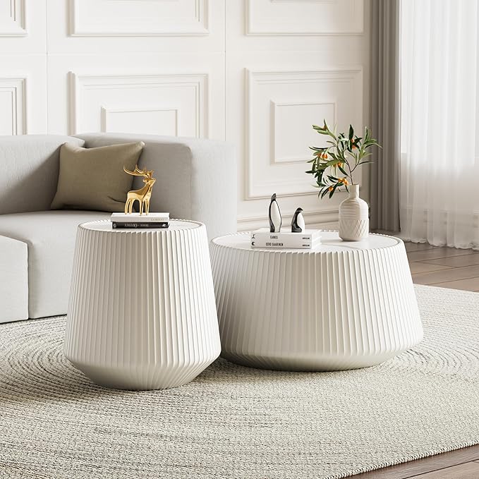 Round Coffee Table Set with Sintered Stone Tabletop, 26.77" White Drum Center Table and 19.68" White Coffee Table Set, 2 Pieces Living Room Table Set with Fluted PU Leather Cover& Stable Base