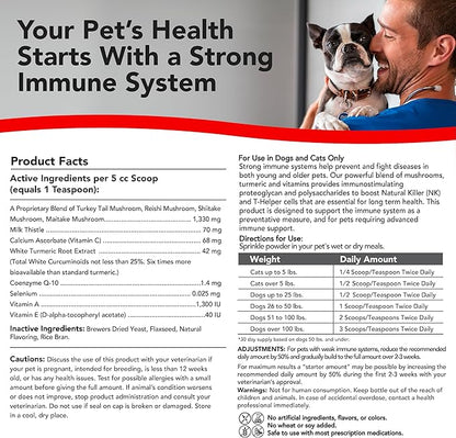 Critical Immune Defense for Dogs & Cats; Supports Normal Cell Growth - Turkey Tail, Reishi, Shiitake and Maitake Mushroom Formula with Patented White Turmeric Root Extract - 30-Day Supply