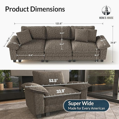 HERA'S HOUSE 124" Modular Sectional Sofa, Oversized Couches for Living Room, Comfy Cloud Couch 3-Seater Deep Seat Sofa with Throw Pillow, Chenille Ash