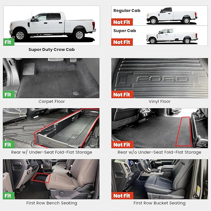 LASFIT Floor Mats for Ford F250 F350 F450 2017-2026 Crew Cab Front Bench Seat | Rear W/Fold-Flat Storage Carpet Floor Super Duty All Weather Protector TPE Car Floor Liner, 1st & 2nd Row, 2pcs Black