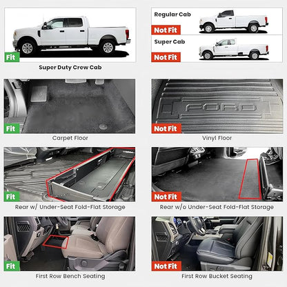 LASFIT Floor Mats for Ford F250 F350 F450 2017-2026 Crew Cab Front Bench Seat | Rear W/Fold-Flat Storage Carpet Floor Super Duty All Weather Protector TPE Car Floor Liner, 1st & 2nd Row, 2pcs Black
