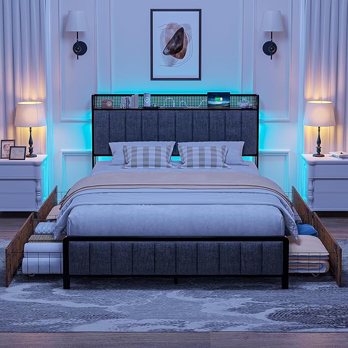 VECELO Queen Size Upholstered Metal Bed Frame with Storage Drawers, LED Headboard, USB & Type-C Ports, Linen Fabric Platform Bed with 9 Legs Support, Noise-Free Design, No Box Spring Needed, Grey