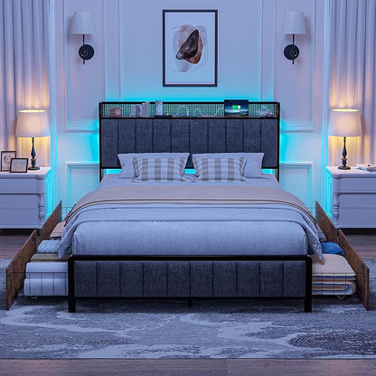 VECELO Queen Size Upholstered Metal Bed Frame with Storage Drawers, LED Headboard, USB & Type-C Ports, Linen Fabric Platform Bed with 9 Legs Support, Noise-Free Design, No Box Spring Needed, Grey