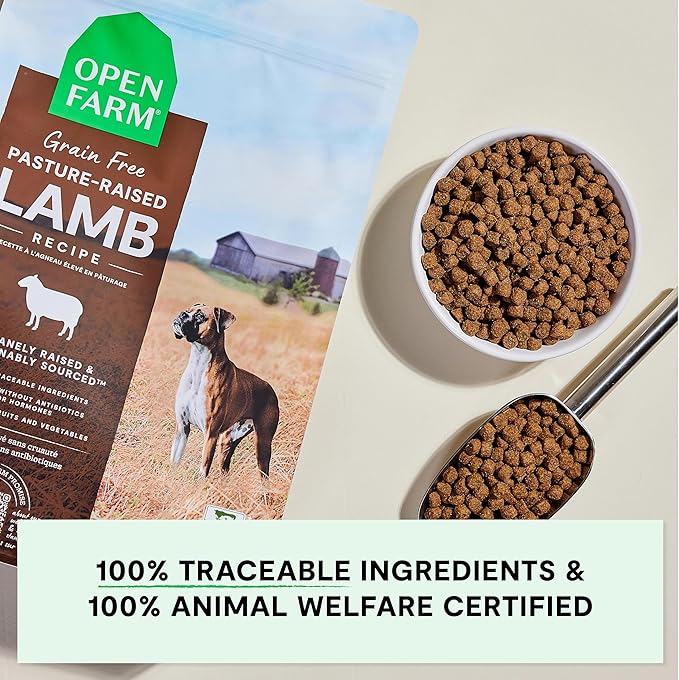 Open Farm, Grain-Free Dry Dog Food, Complete & Balanced Kibble, Sustainably & Ethically Sourced Ingredients, Non-GMO Veggies & Superfoods Support Overall Health, Pasture Raised Lamb Recipe, 4lb Bag
